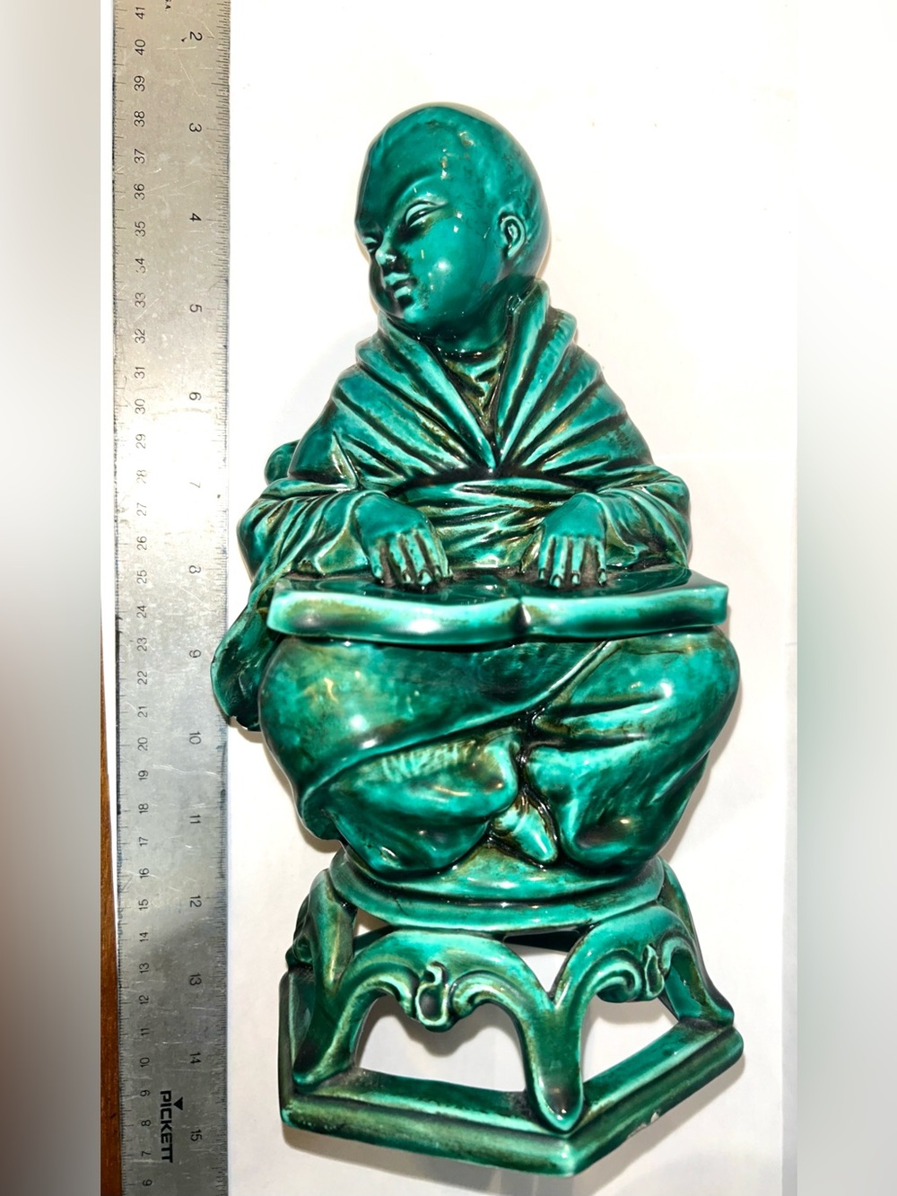 Vintage Mid Century Italian Ceramic Green Glazed Chinoiserie scholar Statue Ital